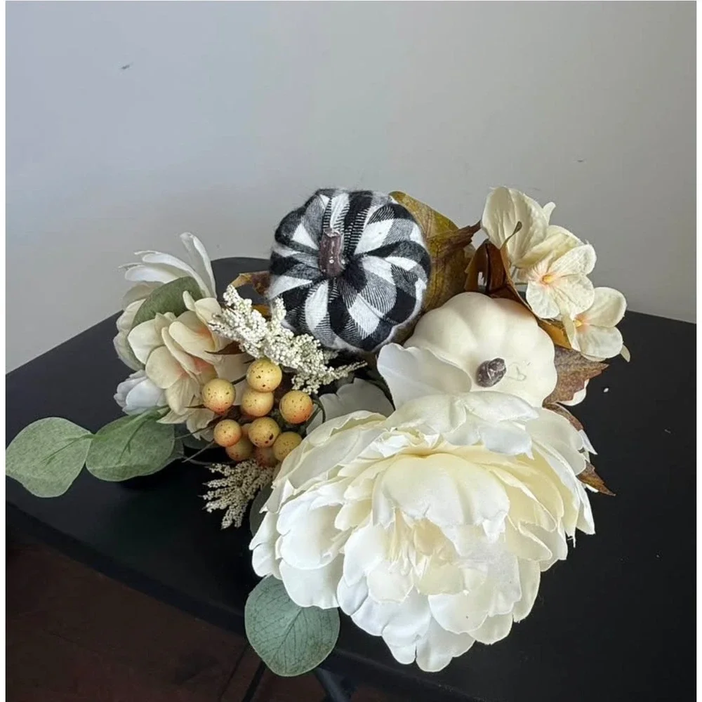 Fall Floral Stem Cream Peonies Buffalo Plaid Pumpkins White 19in Lot of 4
